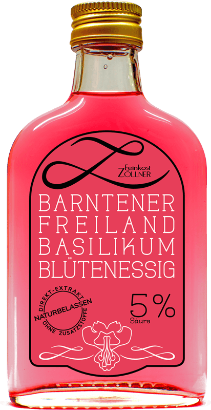 Foto von Flasche mit pink-farbenem Basilikumblütenessig